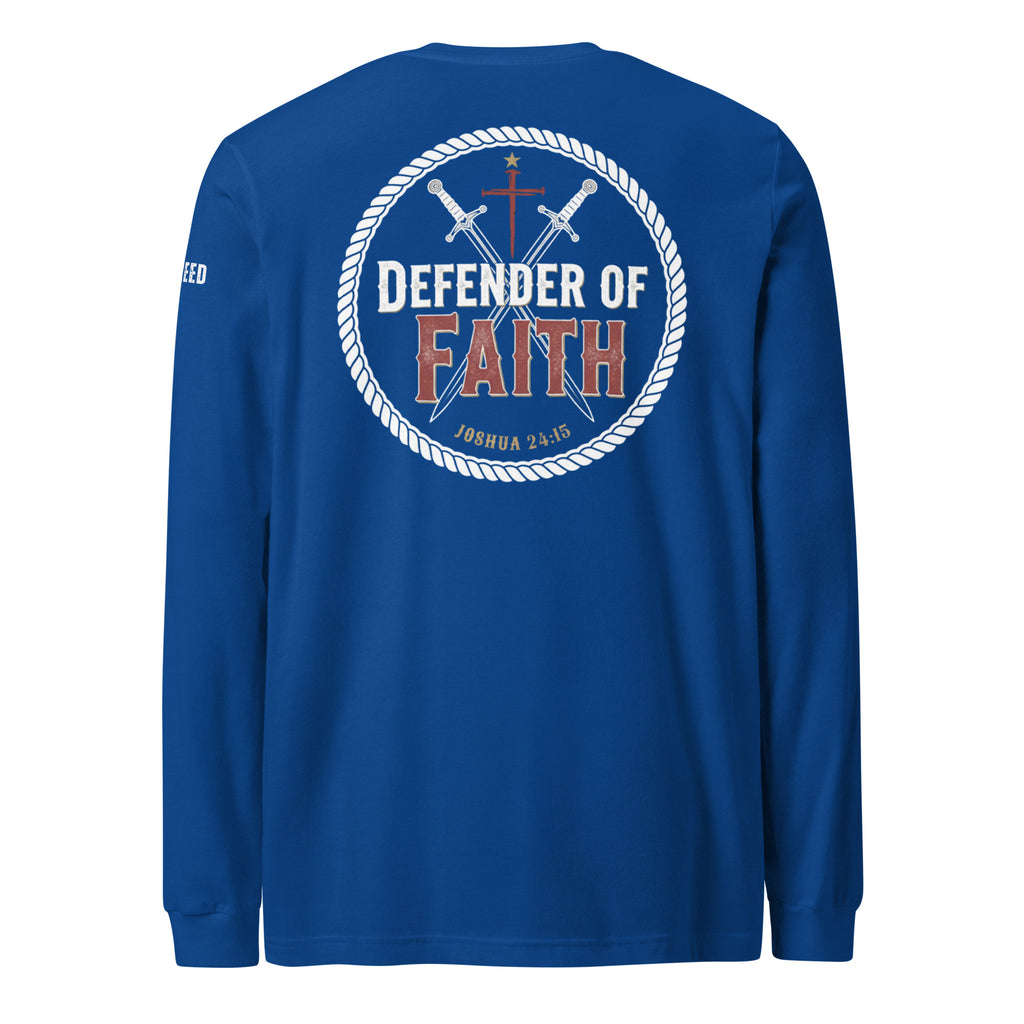 True Royal Blue Bella+Canvas long sleeve tee back view with large Defender of Faith emblem and Joshua 24:15 print by MyCreed™