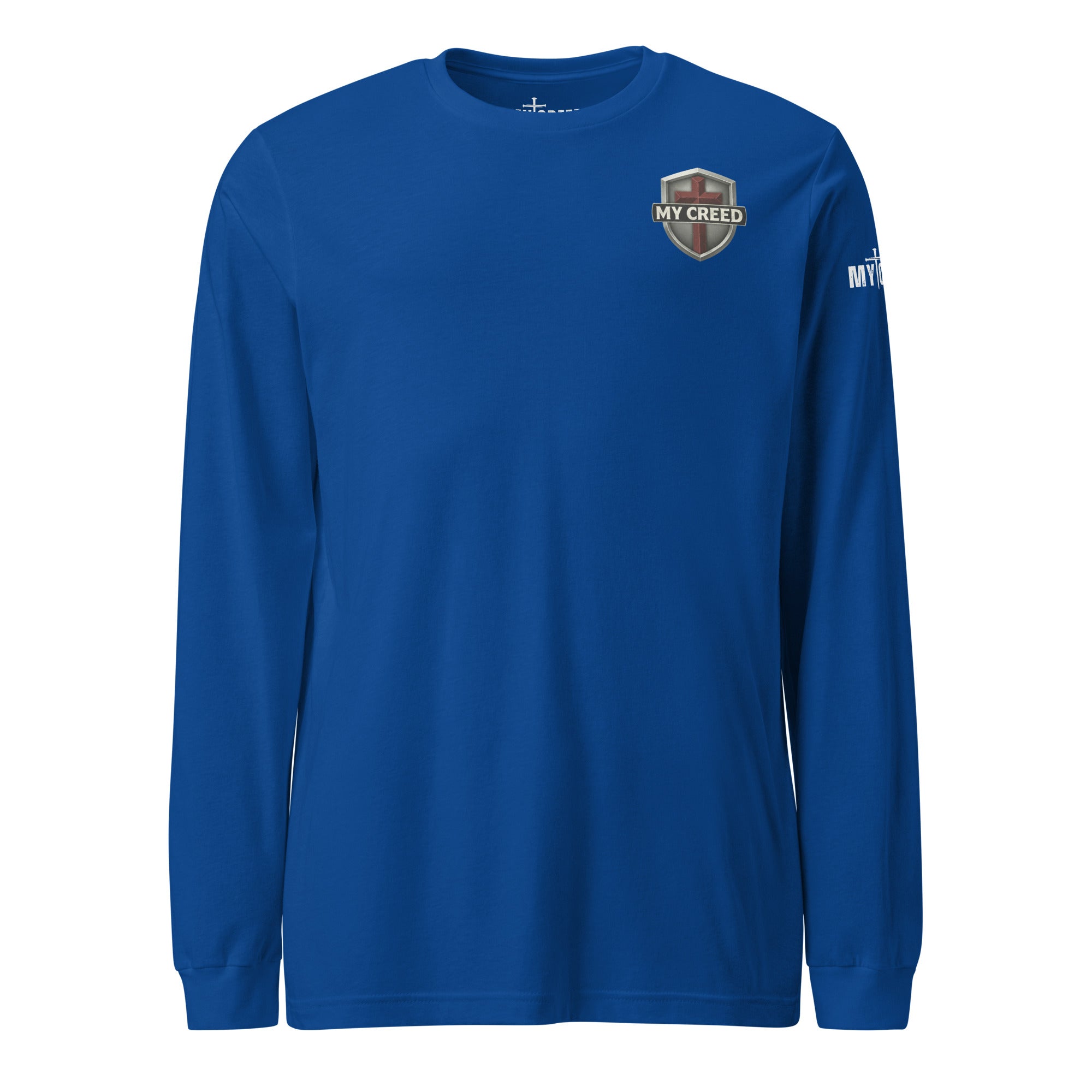 True Royal Blue Bella+Canvas long sleeve tee front view with small left-chest MyCreed crest emblem by MyCreed™