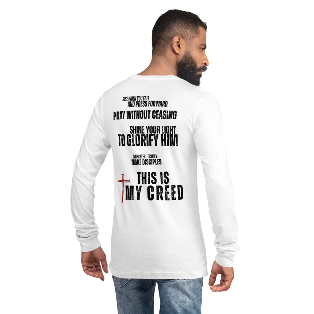 Male model wearing white Declaration long sleeve tee highlighting bold back faith statement and scripture-inspired typography, by MyCreed™