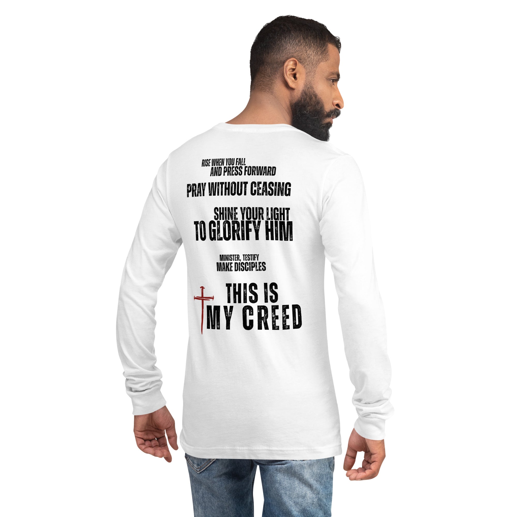 Male model wearing white Declaration long sleeve tee highlighting bold back faith statement and scripture-inspired typography, by MyCreed™