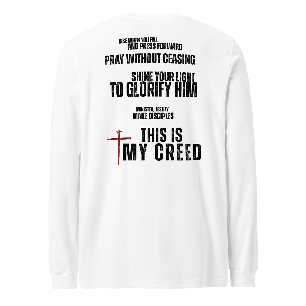 White Bella+Canvas unisex Christian long sleeve tee displaying The Declaration back print with Matthew 5:16 message and cross emblem, by MyCreed™