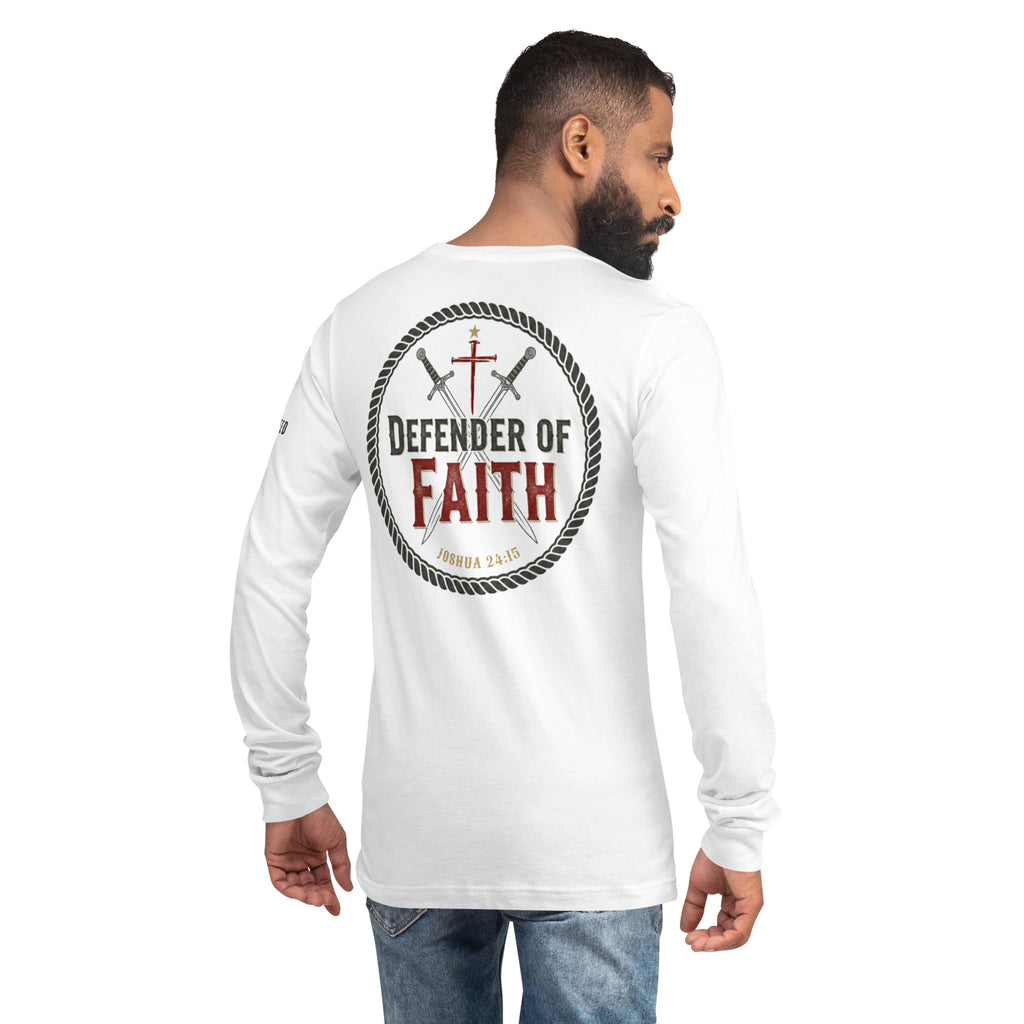 Male model wearing white Bella+Canvas long sleeve tee back view with Defender of Faith emblem centered by MyCreed™