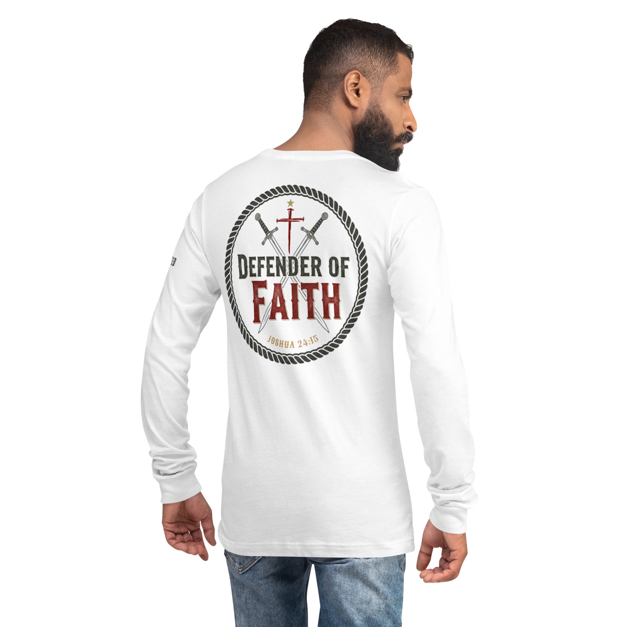 Male model wearing white Bella+Canvas long sleeve tee back view with Defender of Faith emblem centered by MyCreed™