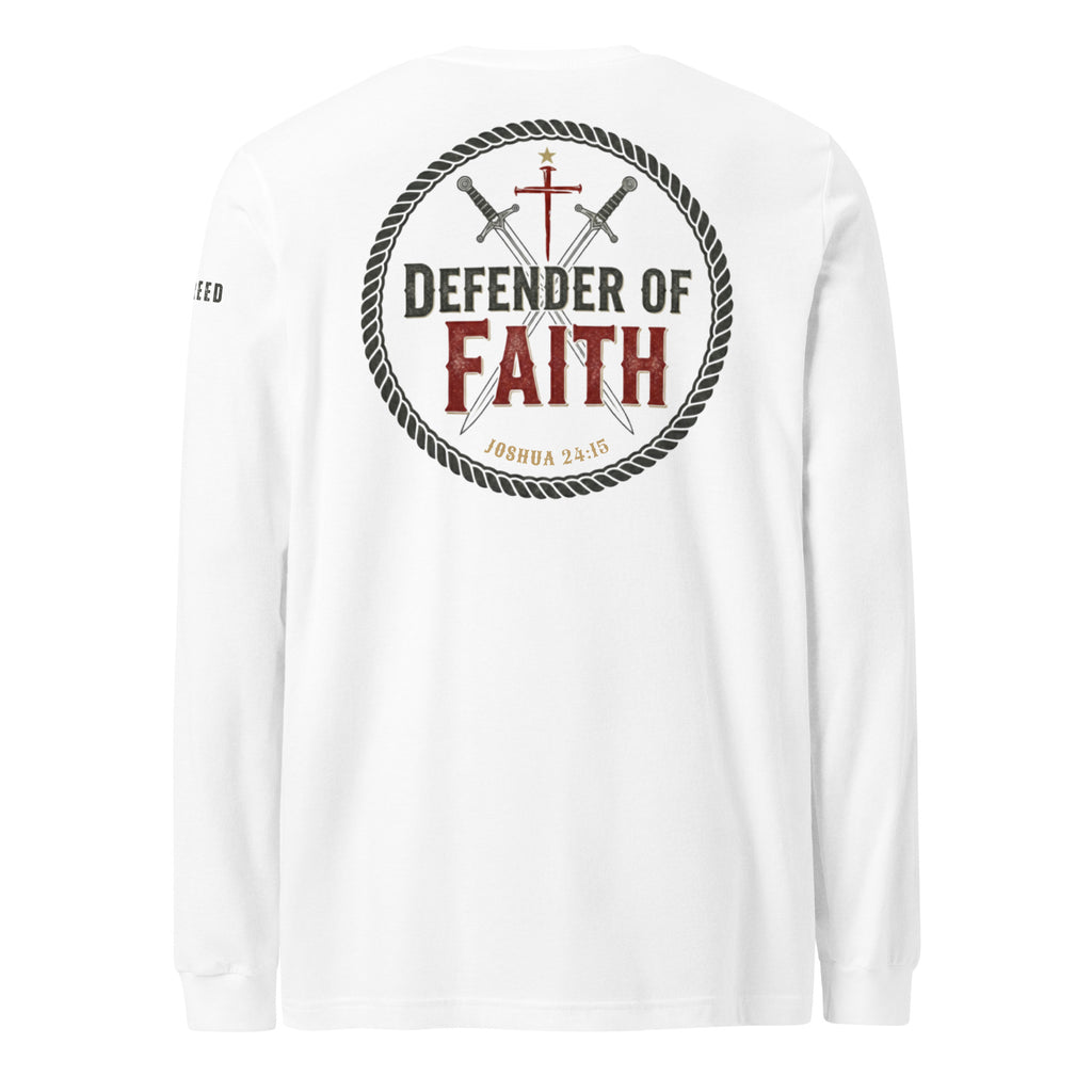 White Bella+Canvas long sleeve tee back view with large Defender of Faith circular emblem and Joshua 24:15 print by MyCreed™