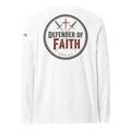 White Bella+Canvas long sleeve tee back view with large Defender of Faith circular emblem and Joshua 24:15 print by MyCreed™