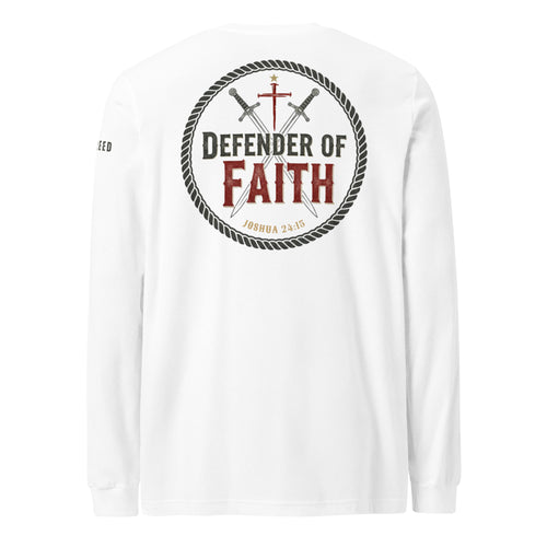 White Bella+Canvas long sleeve tee back view with large Defender of Faith circular emblem and Joshua 24:15 print by MyCreed™
