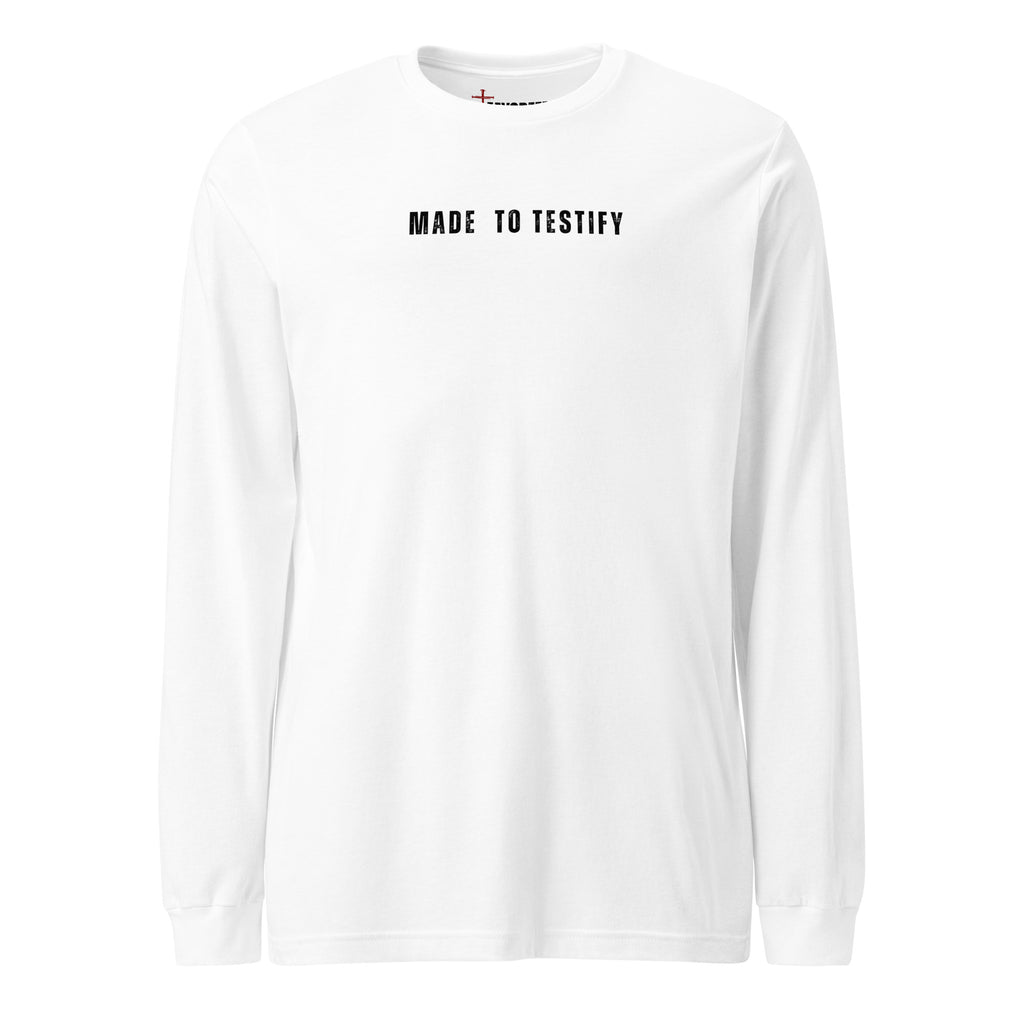White Bella+Canvas long sleeve shirt with clean “Made to Testify” chest text and classic unisex fit, Christian lifestyle apparel by MyCreed™