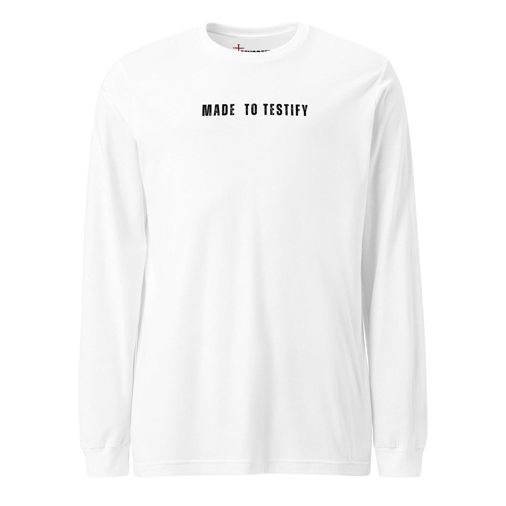 White Bella+Canvas long sleeve shirt with clean “Made to Testify” chest text and classic unisex fit, Christian lifestyle apparel by MyCreed™