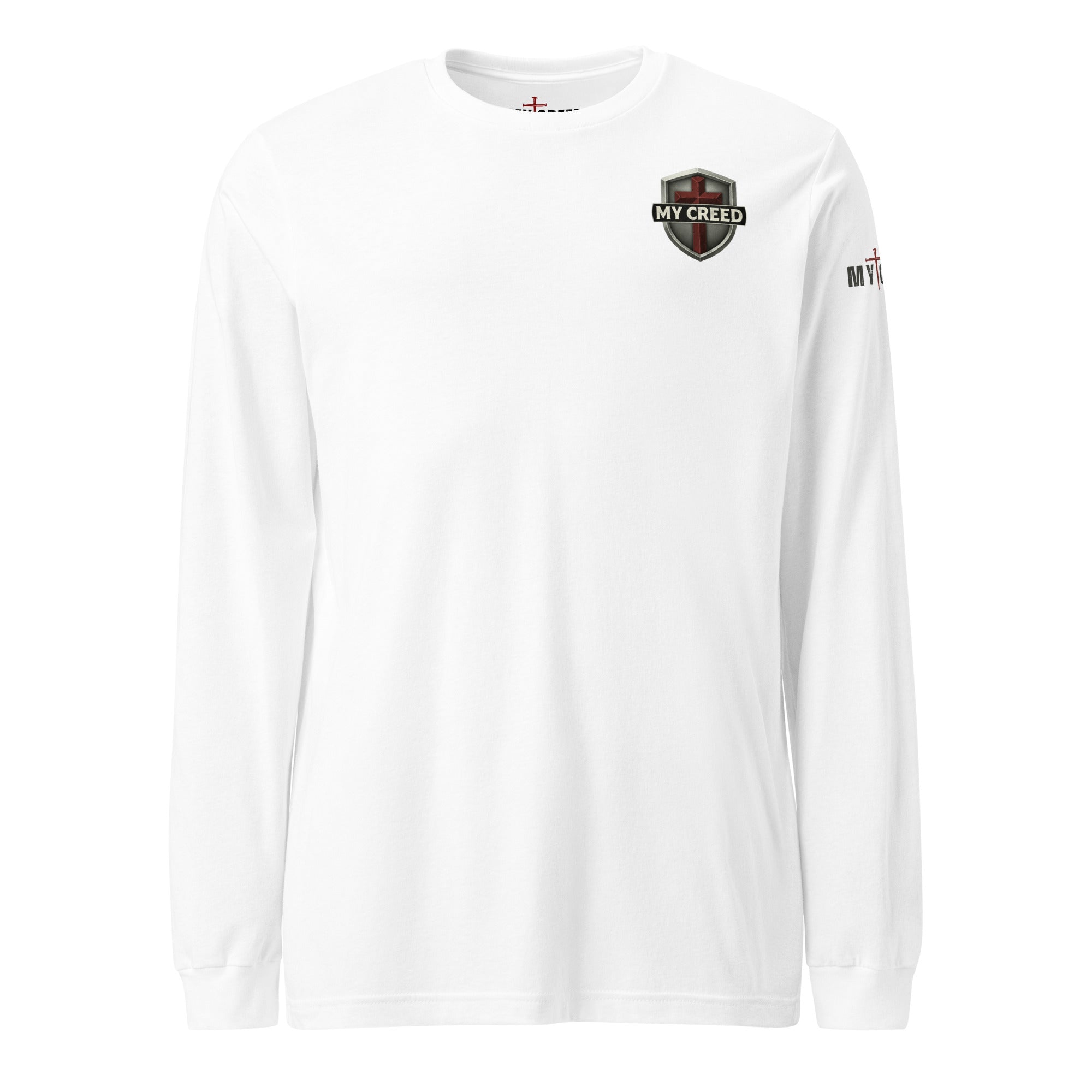 White Bella+Canvas long sleeve tee front view with small left-chest MyCreed crest emblem by MyCreed™