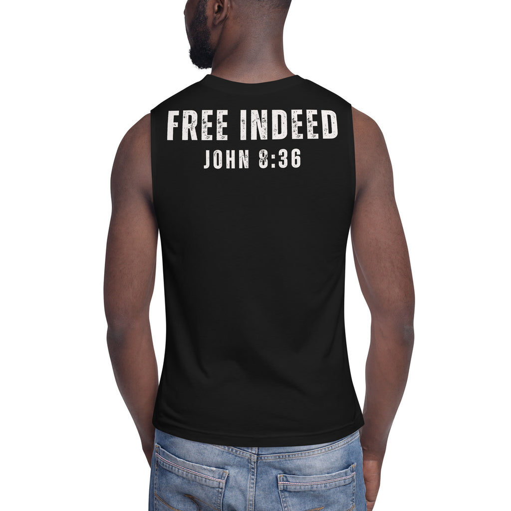 Black faith-based muscle tank top with “FREE INDEED” John 8:36 scripture, rear view of minimalist design by MyCreed™