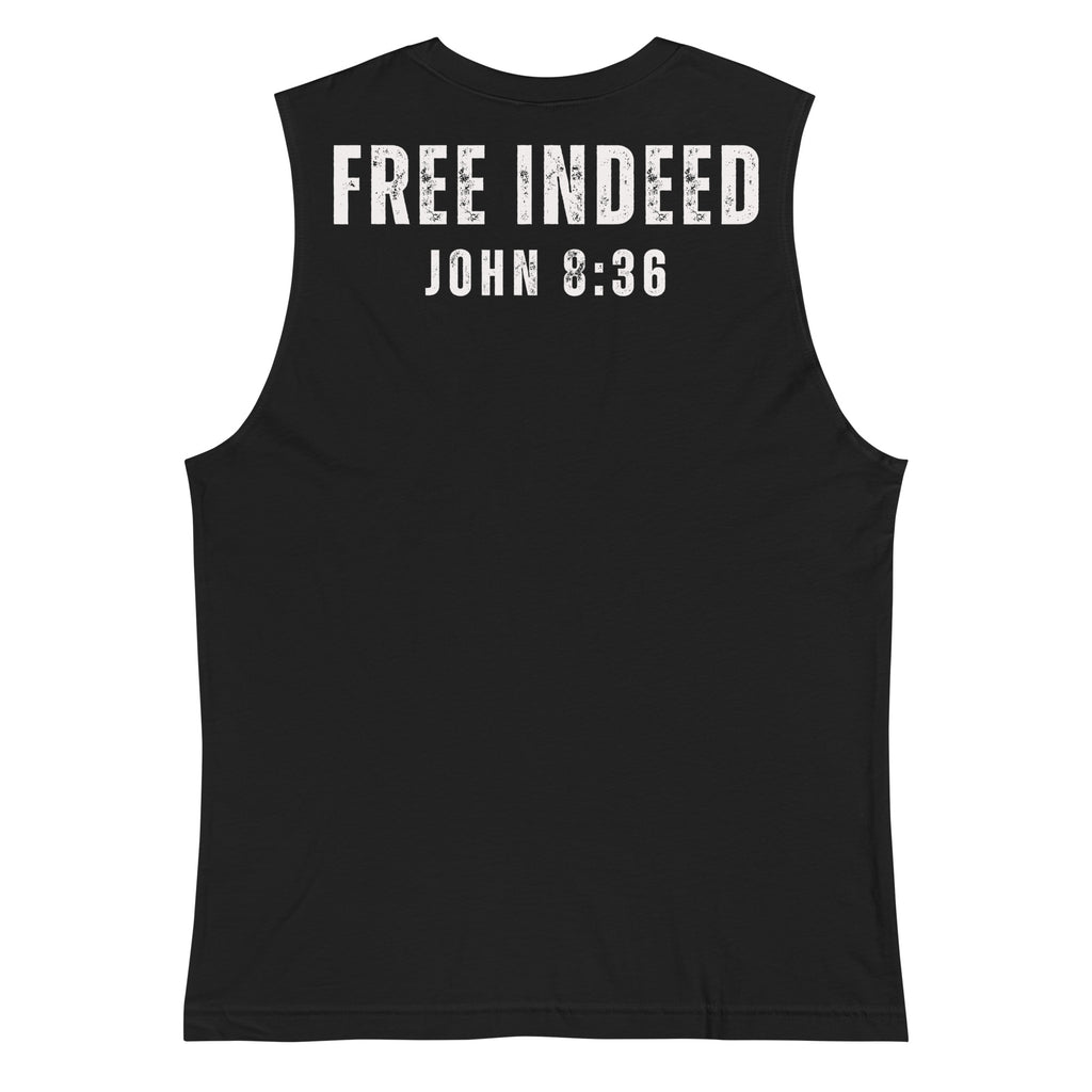 Male model wearing black ChainBreaker  muscle tank top with red cross breaking chains and John 8:36 scripture, front view by MyCreed™