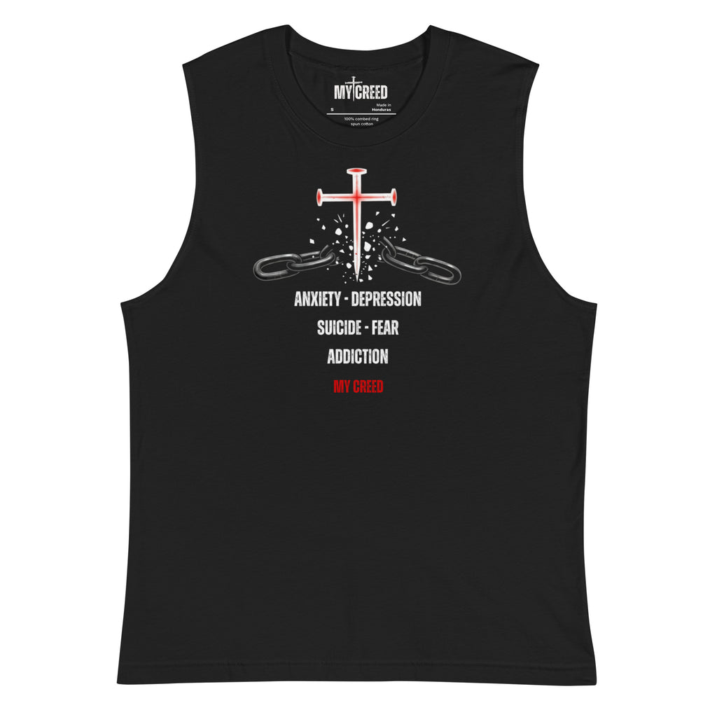 Black muscle tank top featuring “FREE INDEED” John 8:36 scripture on the back, bold faith apparel design by MyCreed™