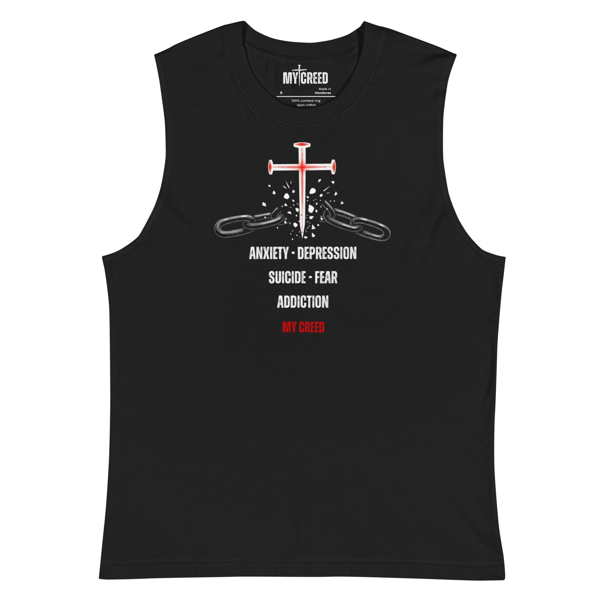 Black muscle tank top featuring “FREE INDEED” John 8:36 scripture on the back, bold faith apparel design by MyCreed™