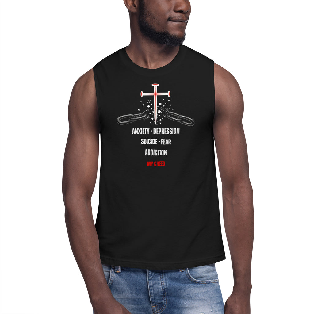 Male model wearing black muscle tank top with “FREE INDEED” John 8:36 scripture on the back, faith-based apparel by MyCreed™