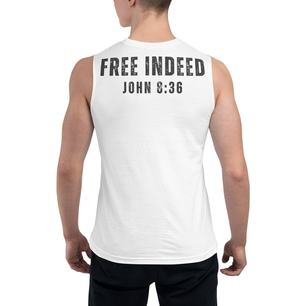 Male model wearing white muscle tank top with “FREE INDEED” John 8:36 scripture on the back, faith-inspired design by MyCreed™