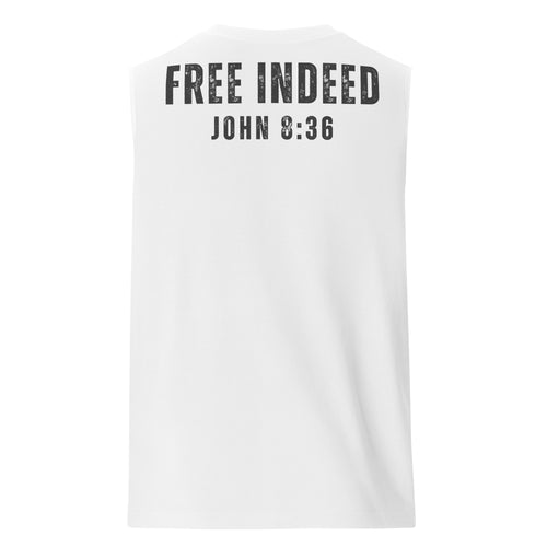 White faith-based muscle tank top featuring “FREE INDEED” with John 8:36 scripture, minimalist front chest design by MyCreed™