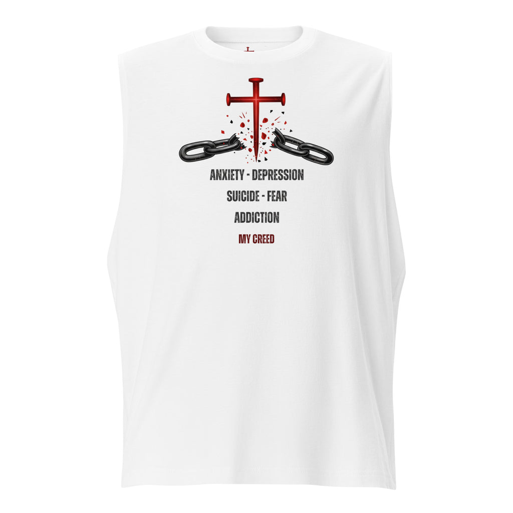 White ChainBreaker muscle tank top with red nail cross breaking black chains and John 8:36 scripture, front view by MyCreed™