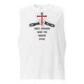 White ChainBreaker muscle tank top with red nail cross breaking black chains and John 8:36 scripture, front view by MyCreed™