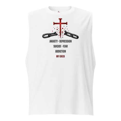 White ChainBreaker muscle tank top with red nail cross breaking black chains and John 8:36 scripture, front view by MyCreed™