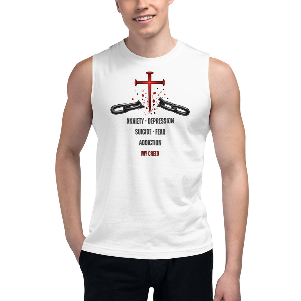 Male model wearing white ChainBreaker muscle tank top with cross breaking chains and John 8:36 scripture, front view by MyCreed™