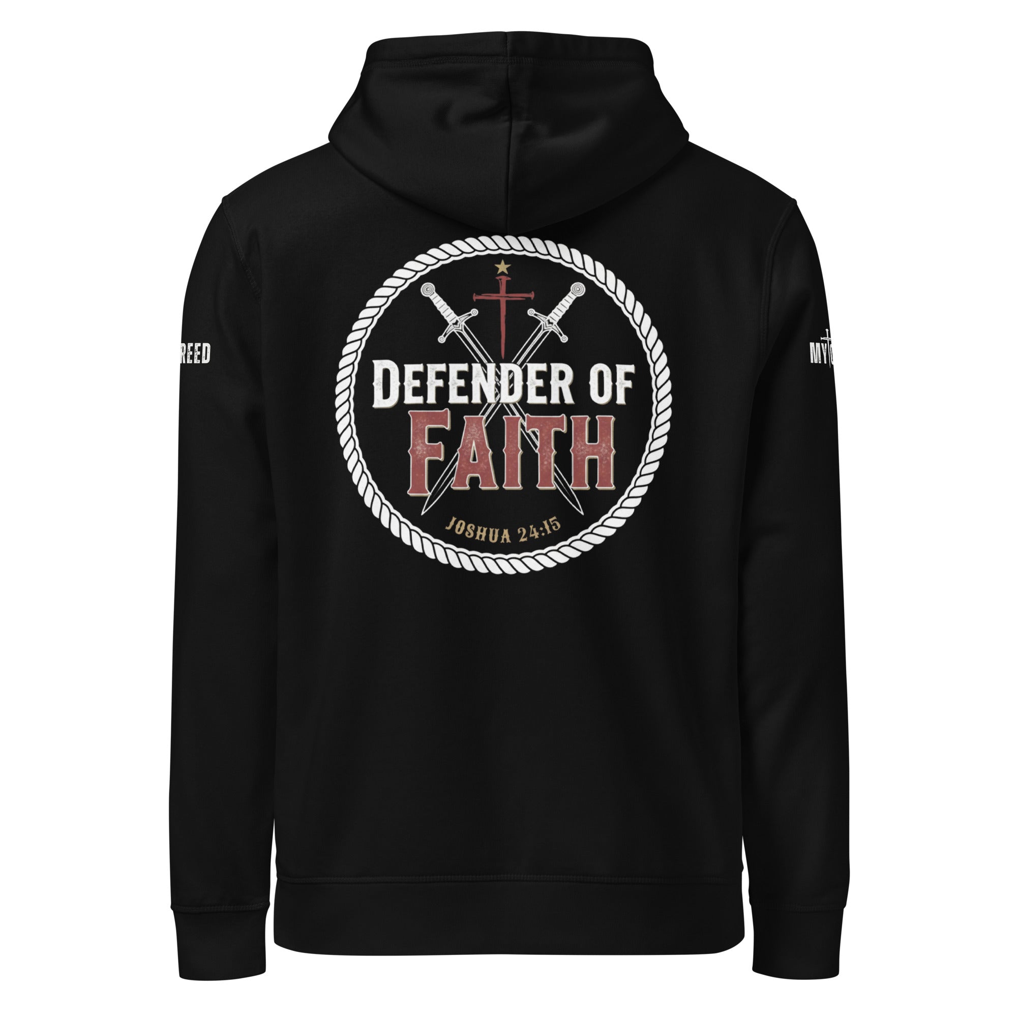 Black Stanley/Stella hoodie front mockup with large Defender of Faith circular emblem and Joshua 24:15 on chest by MyCreed™