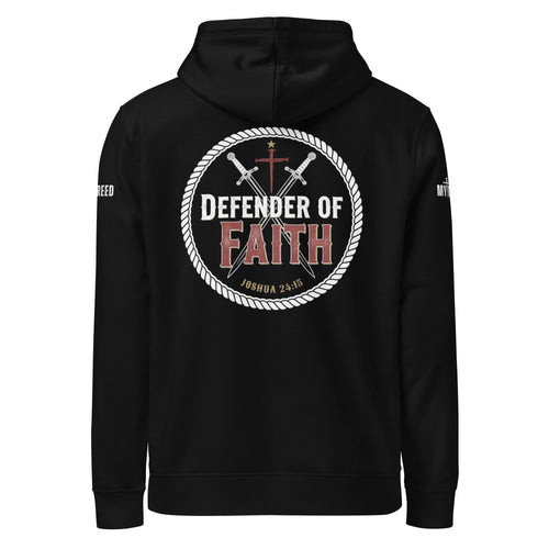 Black Stanley/Stella hoodie front mockup with large Defender of Faith circular emblem and Joshua 24:15 on chest by MyCreed™
