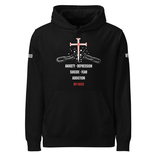 Black Stanley/Stella ChainBreaker hoodie with red nail cross breaking chains and bondage list text, front view by MyCreed™