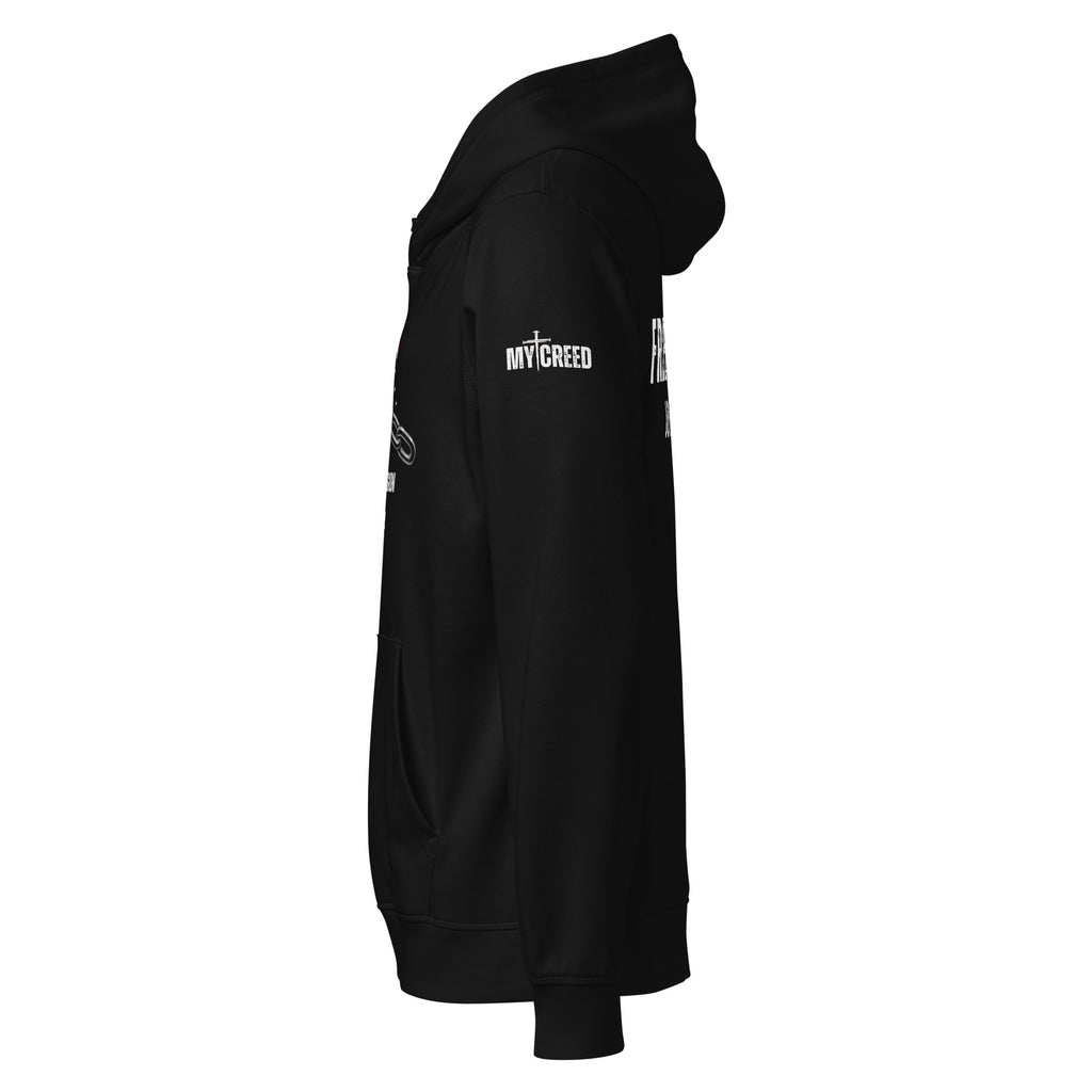Black Stanley/Stella hoodie side view showing sleeve placement and clean profile, ChainBreaker edition by MyCreed™