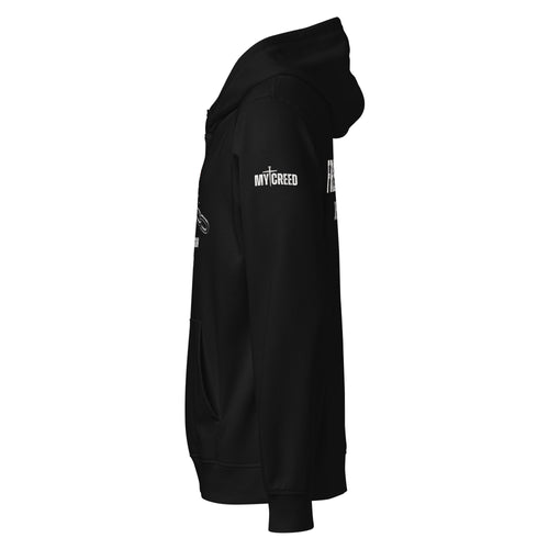 Black Stanley/Stella hoodie side view showing sleeve placement and clean profile, ChainBreaker edition by MyCreed™