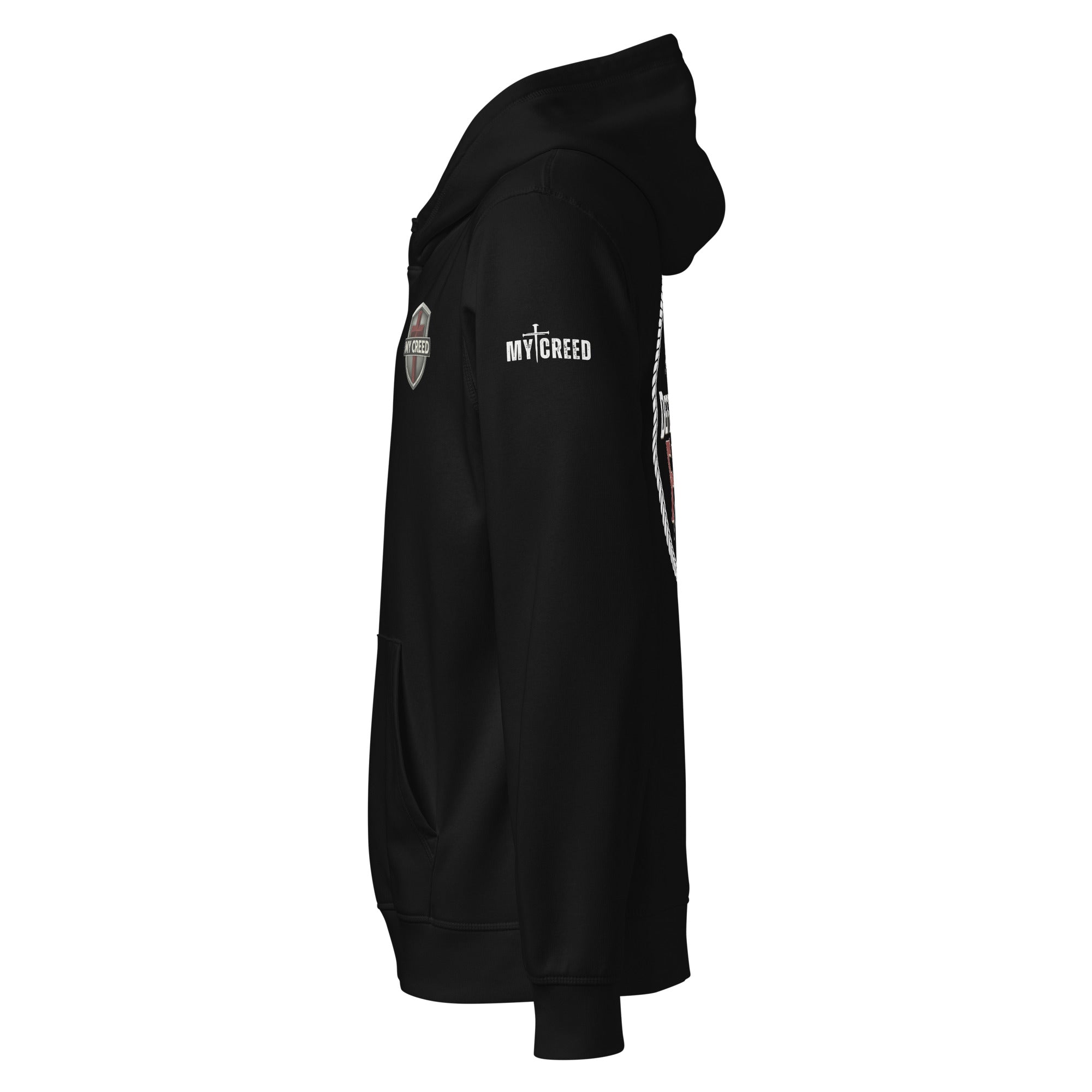 Black Stanley/Stella hoodie left side-view mockup showing sleeve print and small left-chest crest detail by MyCreed™