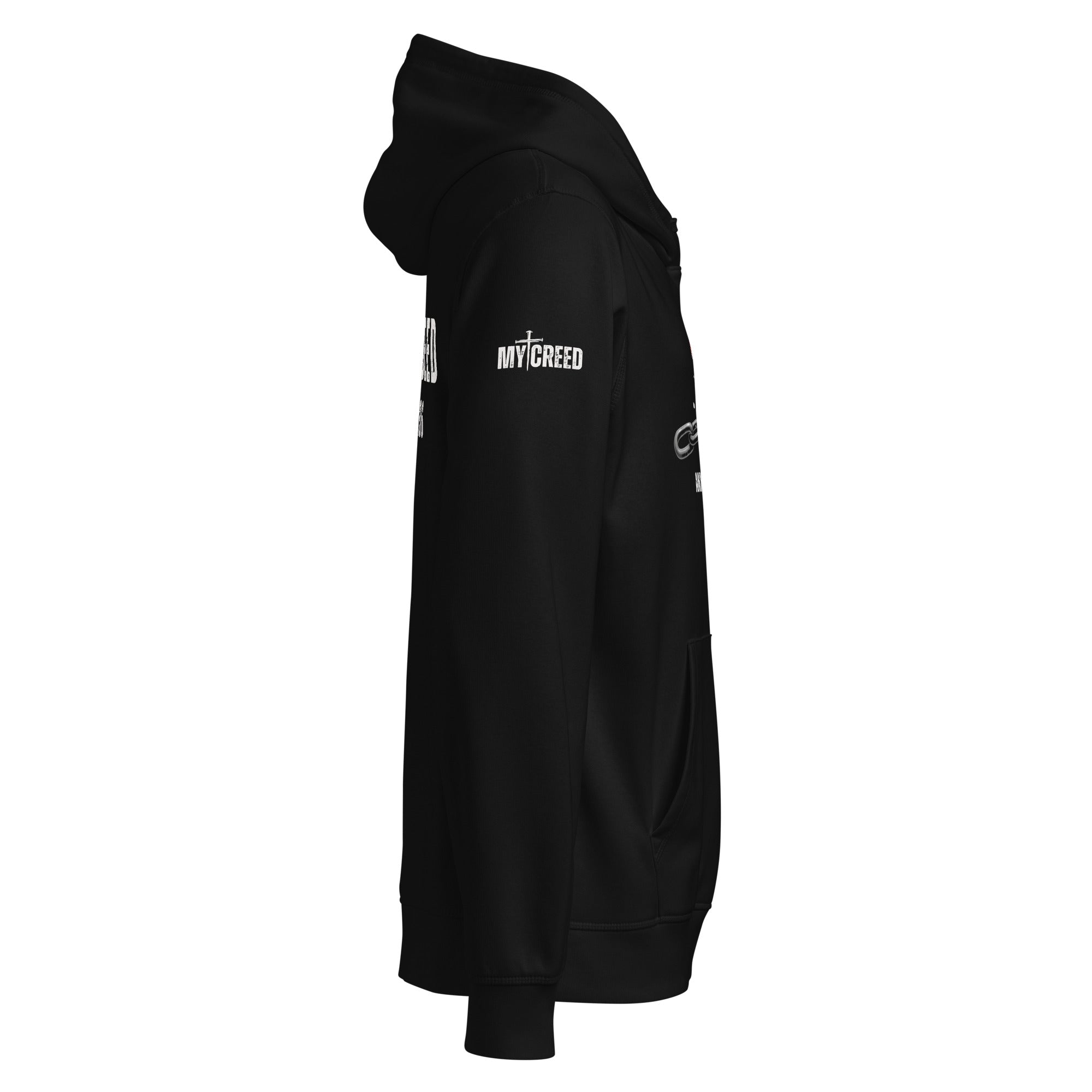 Black Stanley/Stella hoodie alternate side view highlighting sleeve branding placement, ChainBreaker by MyCreed™