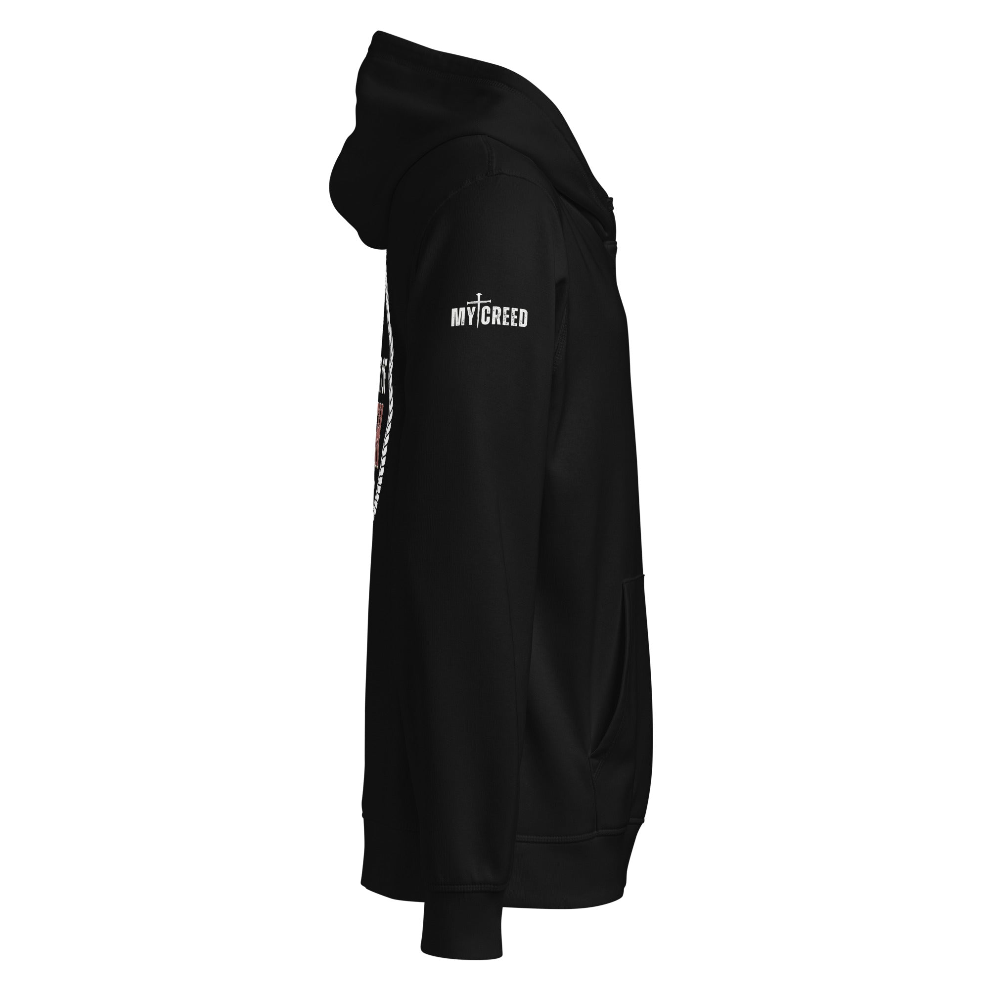 Black Stanley/Stella hoodie right side/back-leaning view mockup showing hood drape and side silhouette by MyCreed™