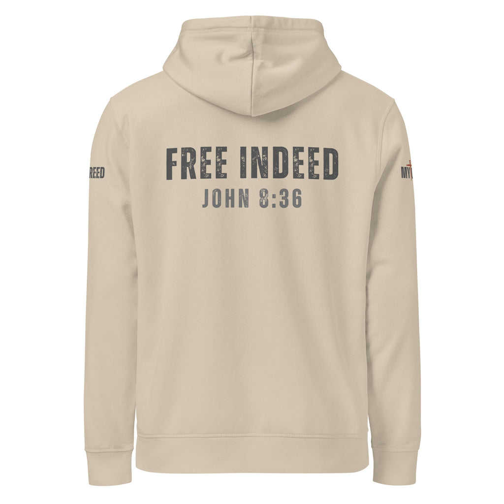 Dust-colored Stanley/Stella ChainBreaker hoodie with “FREE INDEED” John 8:36 back print, rear view by MyCreed™