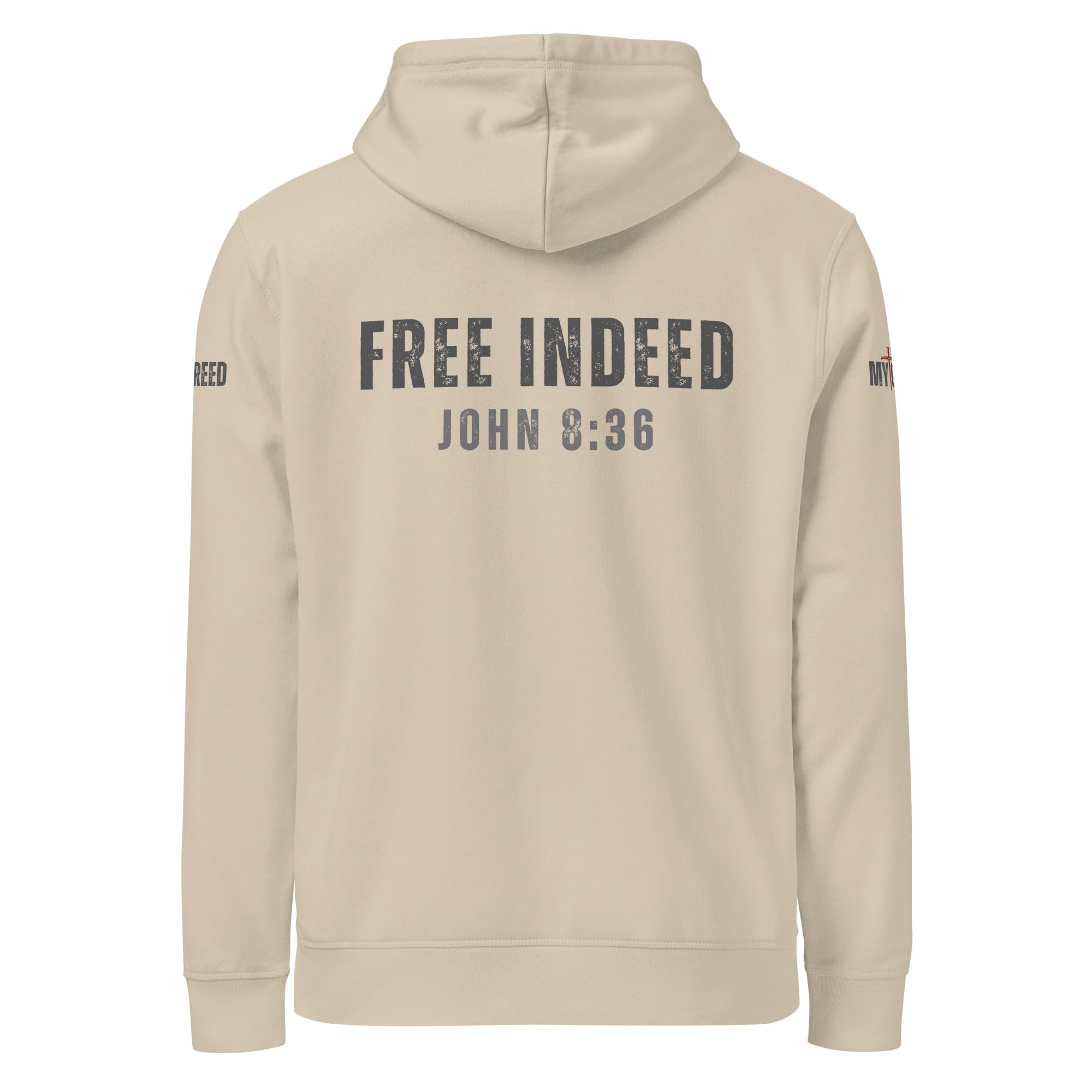 Dust-colored Stanley/Stella ChainBreaker hoodie with “FREE INDEED” John 8:36 back print, rear view by MyCreed™