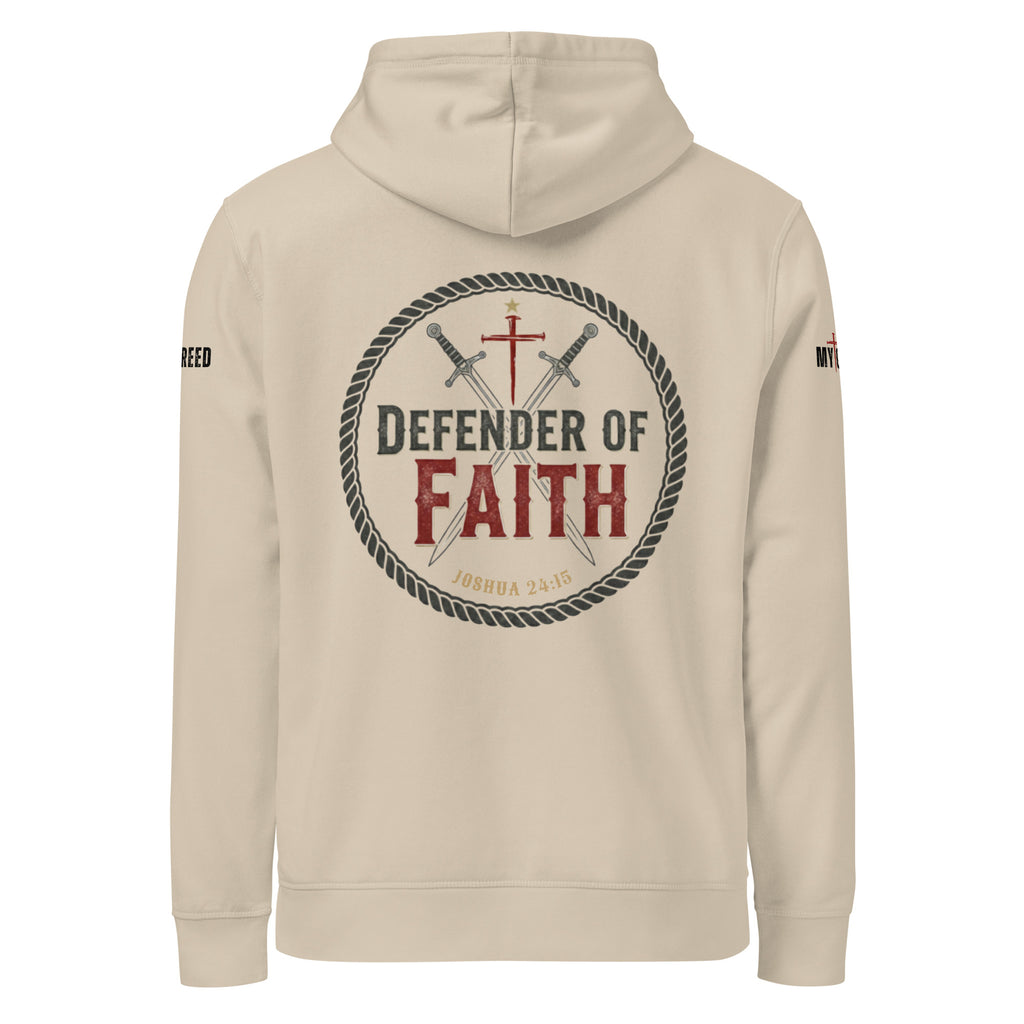Dust Stanley/Stella hoodie front mockup with large Defender of Faith circular emblem and Joshua 24:15 on chest by MyCreed™