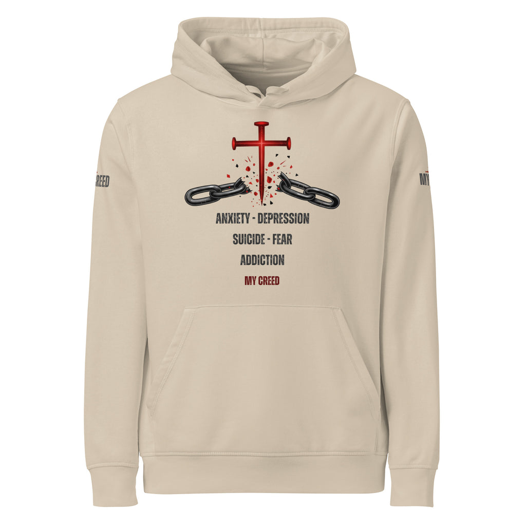 Dust-colored Stanley/Stella ChainBreaker hoodie with red nail cross breaking chains and bondage list text, front view by MyCreed™