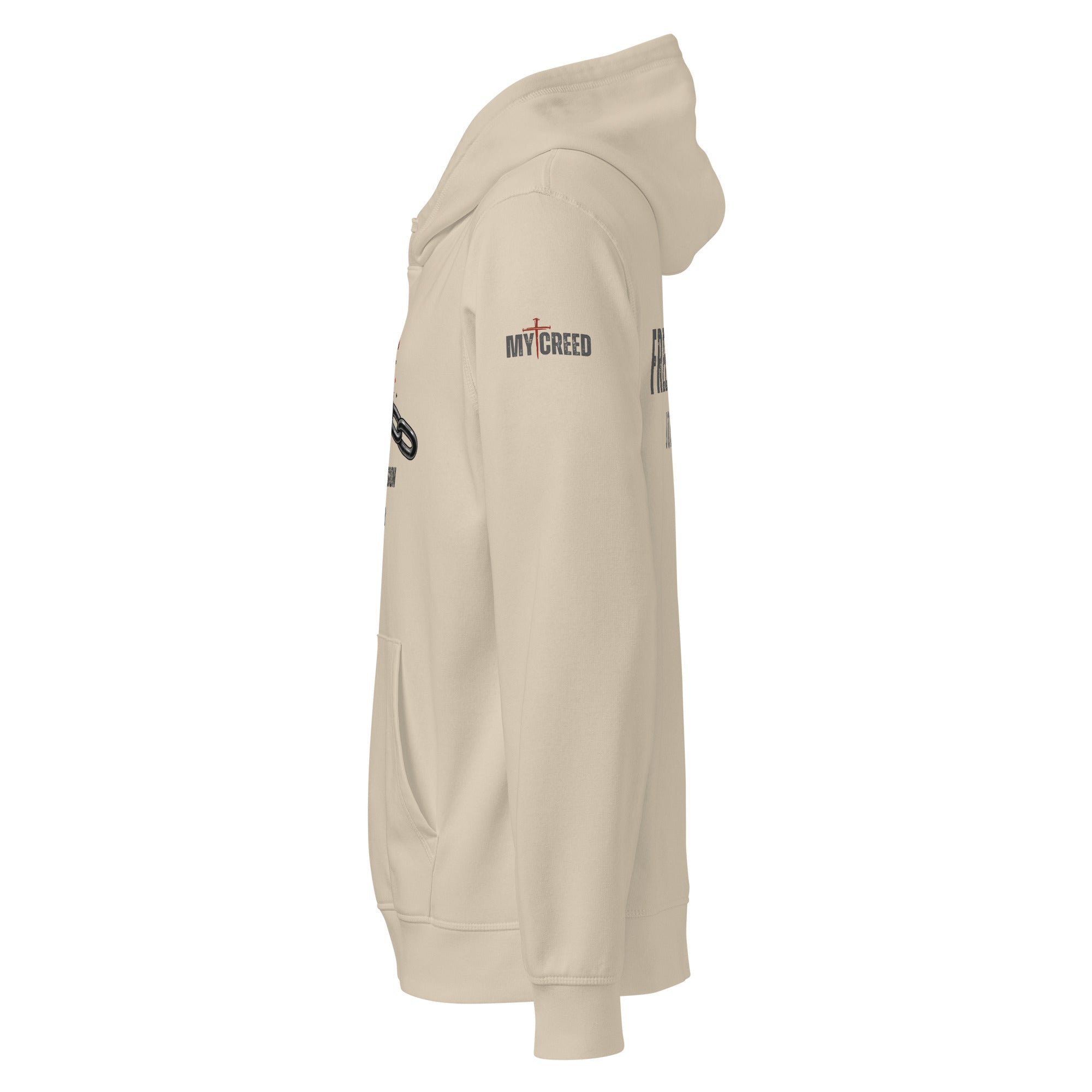 Dust-colored Stanley/Stella hoodie side view showing sleeve branding placement, ChainBreaker edition by MyCreed™