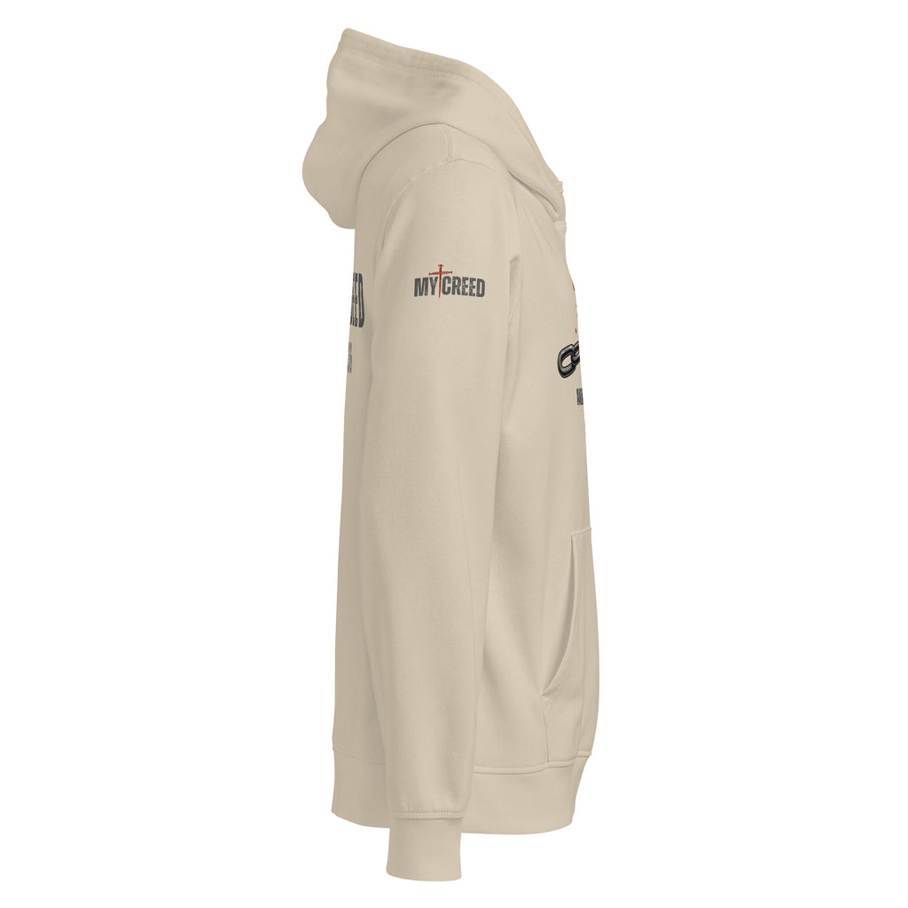 Dust-colored Stanley/Stella hoodie alternate side view highlighting fit and sleeve logo placement by MyCreed™