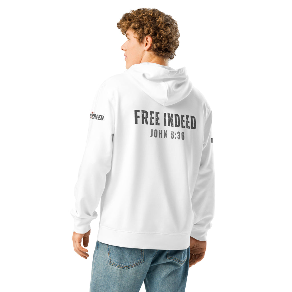 Male model wearing white ChainBreaker hoodie showing “FREE INDEED” John 8:36 back print by MyCreed™