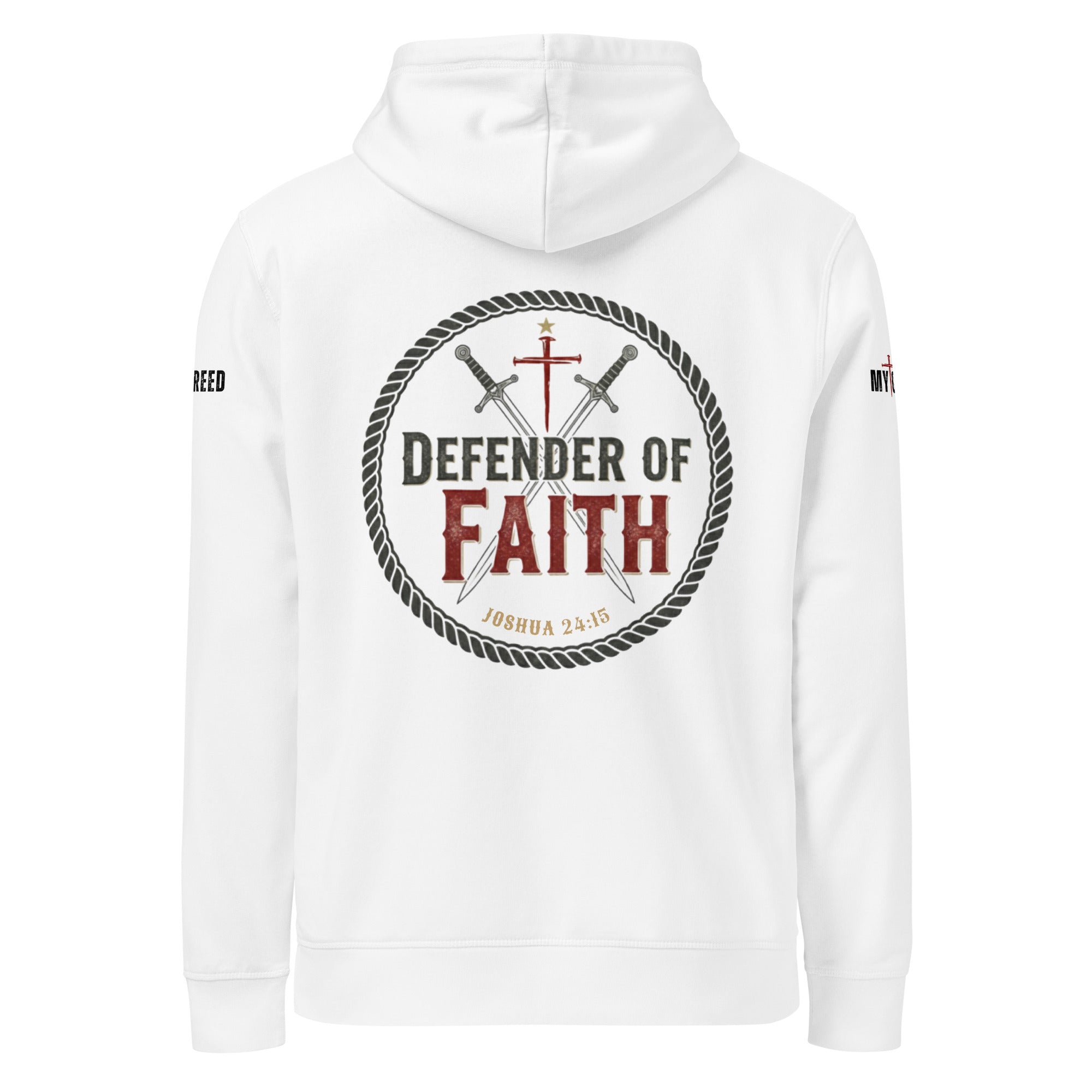 White Stanley/Stella hoodie front mockup with large Defender of Faith circular emblem and Joshua 24:15 on chest by MyCreed™