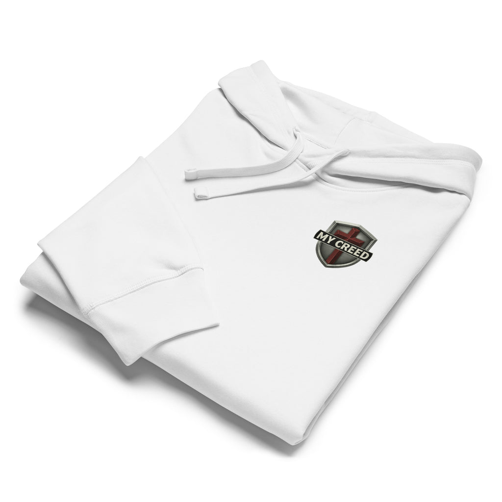 Folded white Stanley/Stella hoodie product flat-lay with small MyCreed crest visible by MyCreed™