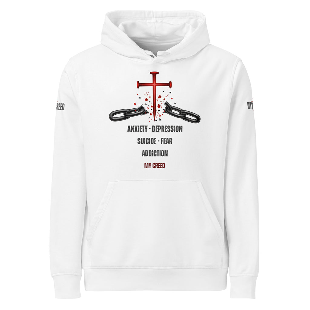 White Stanley/Stella ChainBreaker hoodie with red nail cross breaking chains and bondage list text, front view by MyCreed™
