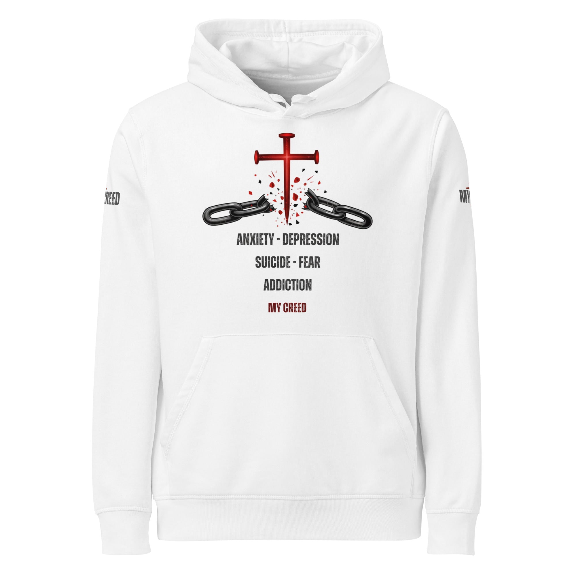 White Stanley/Stella ChainBreaker hoodie with red nail cross breaking chains and bondage list text, front view by MyCreed™