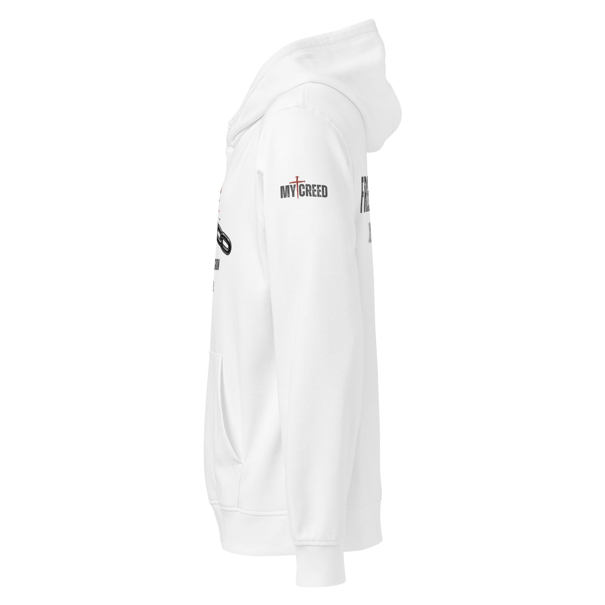 White Stanley/Stella hoodie side view showing sleeve branding placement, ChainBreaker edition by MyCreed™