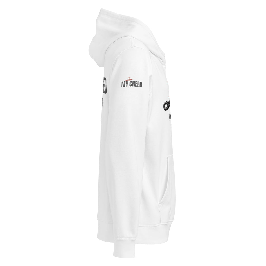 White Stanley/Stella hoodie alternate side view highlighting clean fit and sleeve logo placement by MyCreed™