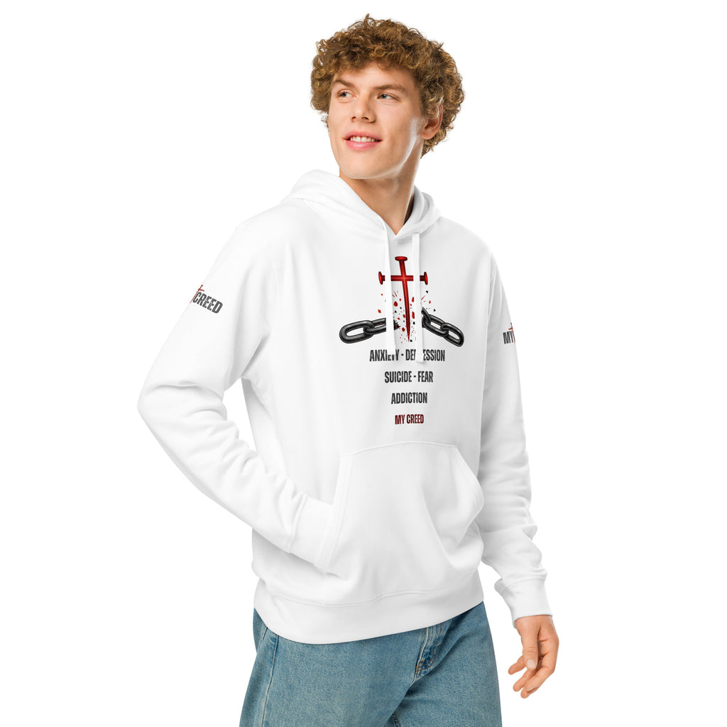 Male model wearing white ChainBreaker hoodie with cross breaking chains front graphic and red detailing by MyCreed™