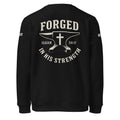 Black Stanley/Stella crewneck sweatshirt back view with Forged in His Strength Isaiah 54:17 graphic by MyCreed™