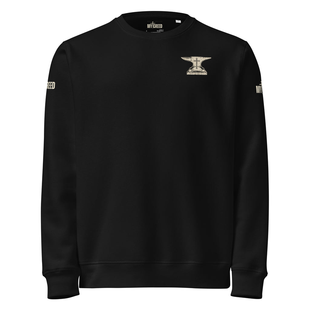 Black Stanley/Stella sweatshirt front view with small chest emblem by MyCreed™