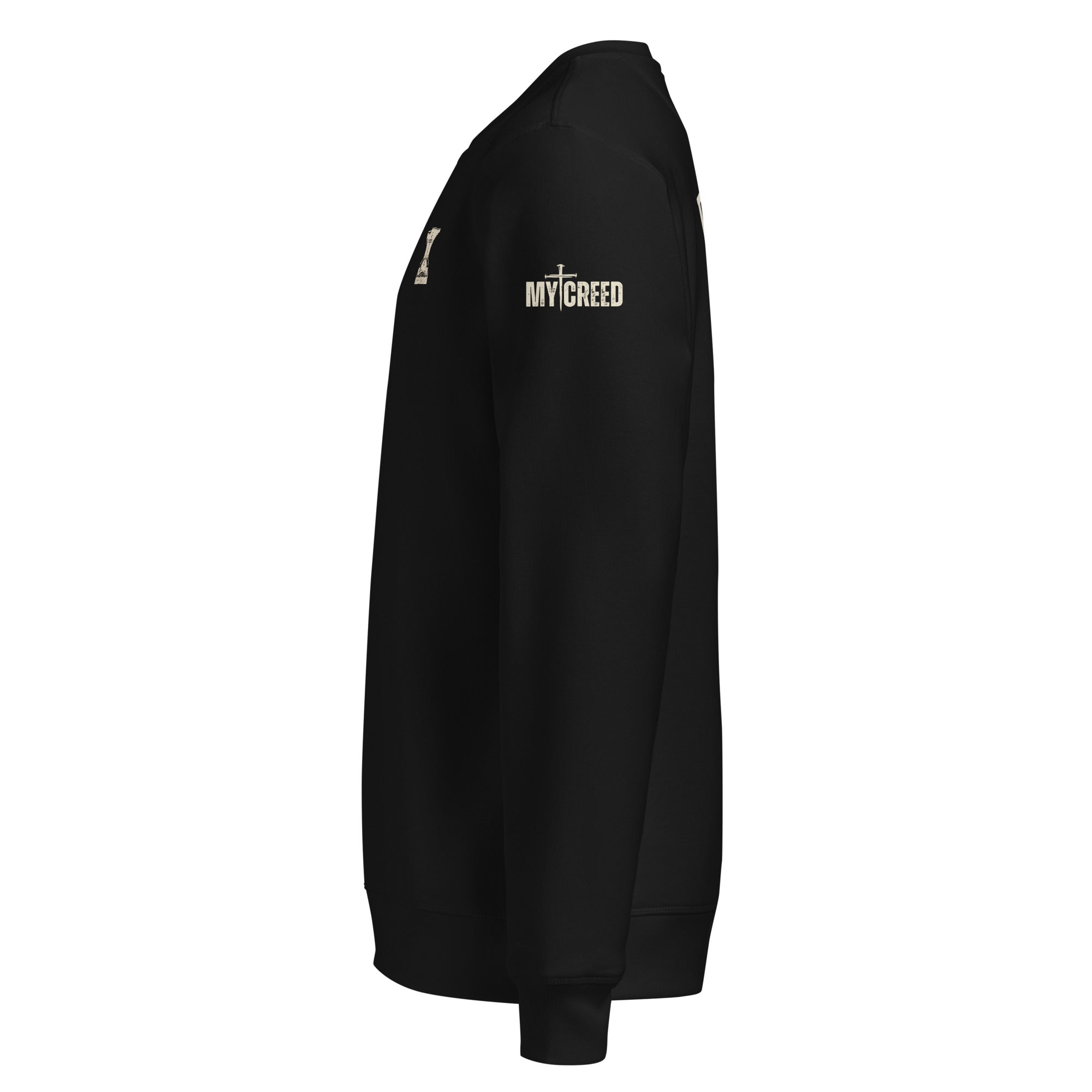 Side view of black Stanley/Stella crewneck sweatshirt with sleeve detail by MyCreed™