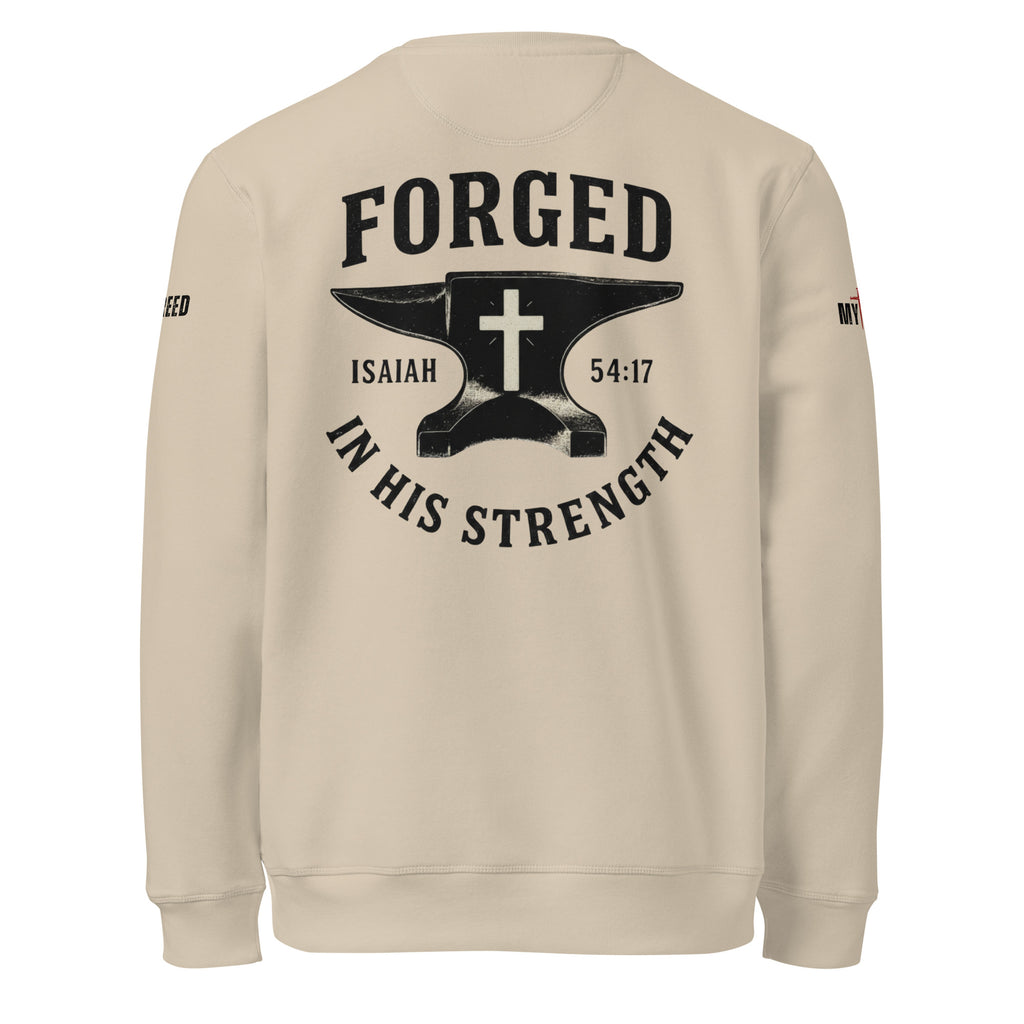 Dust color Stanley/Stella sweatshirt back view with Forged in His Strength Isaiah 54:17 graphic by MyCreed™